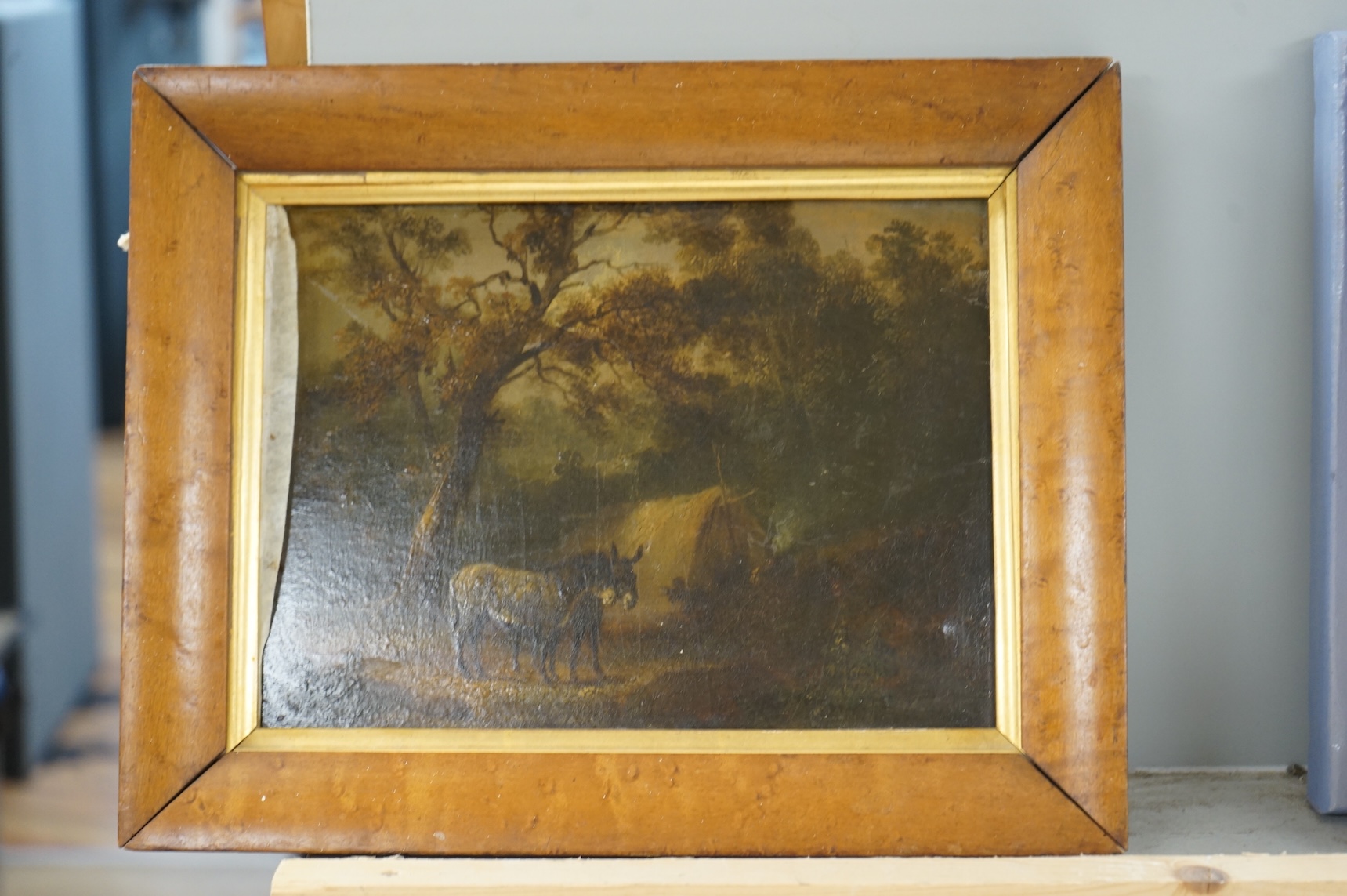 19th century, English School, oil on board, Pastoral landscape with donkeys, 20 x 28cm, maple framed